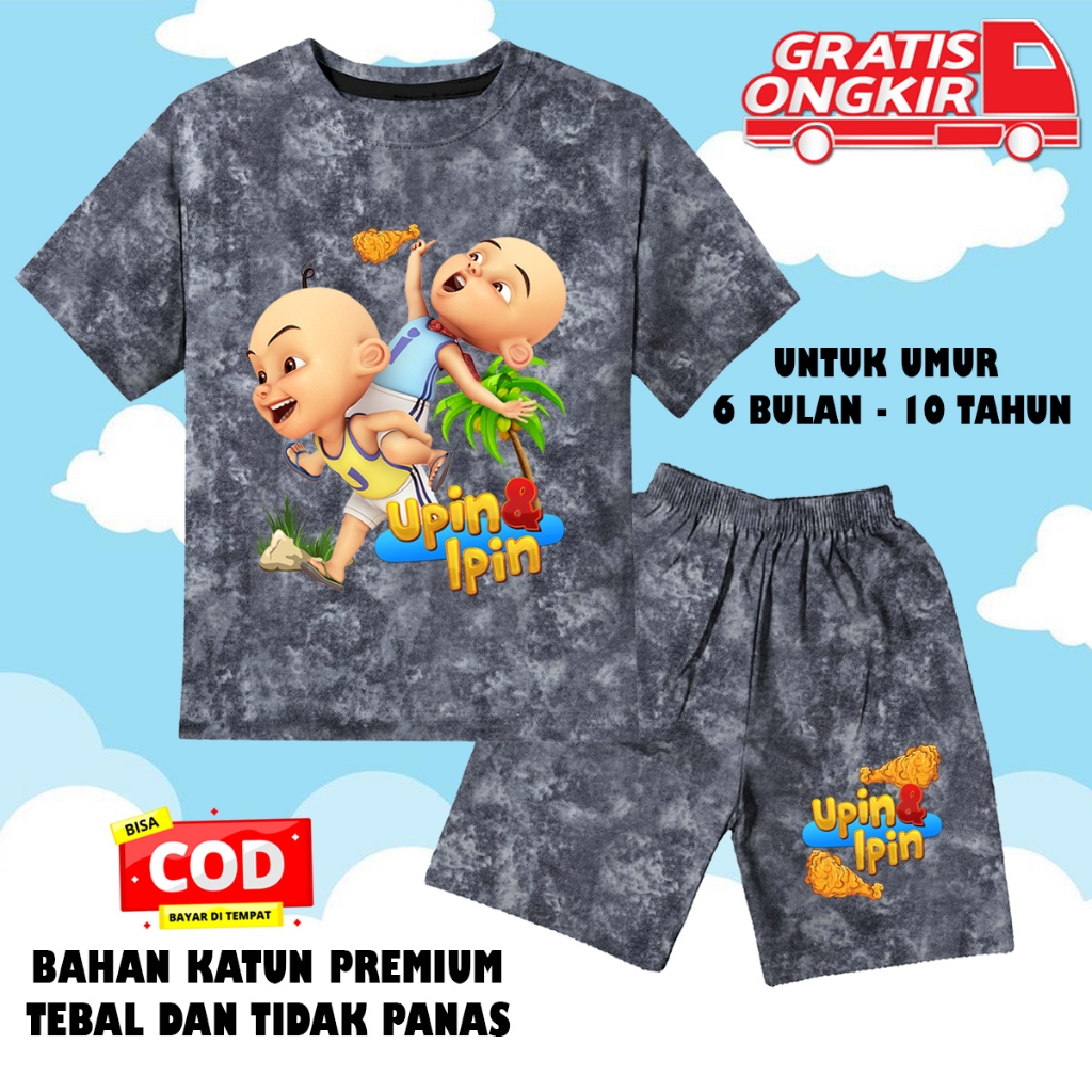 Setelan denim jeans lengan pendek anak laki laki perempuan set baju kaos anak upin ipin ayam goreng