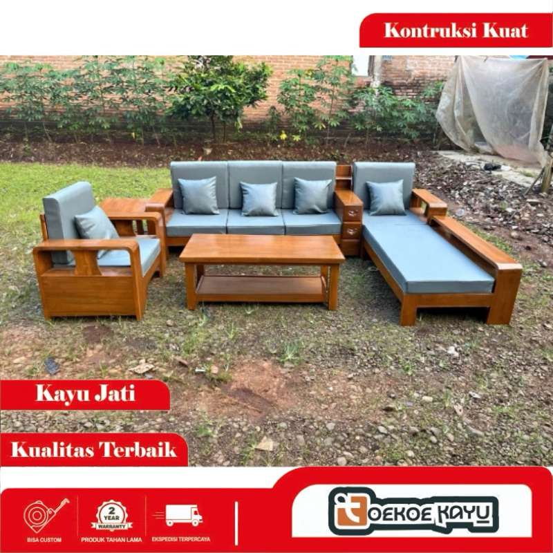kursi ruang tamu, kursi sofa sudut , kursi sudut tamu, kursi sadewa, kursi tamu kayu jati cushion
