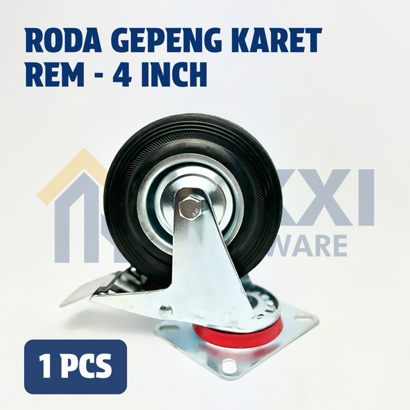 Roda Troli / Roda Karet 4 Inch Rem / Roda Gepeng Karet