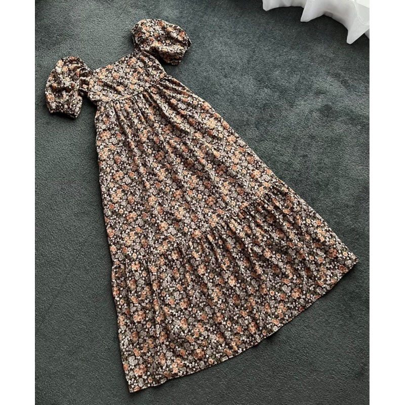 Long Dress Korea bunga kecil coklat