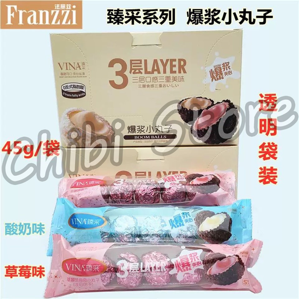 

Franzzi Vina Cookie Lava Balls - Wafer Salut Bulat Isi Kirim Rasa Stroberi Yogurt - Lava Cookies Balls Strawberry Yogurt Flavor 臻采爆浆夾心曲奇小丸子 45g