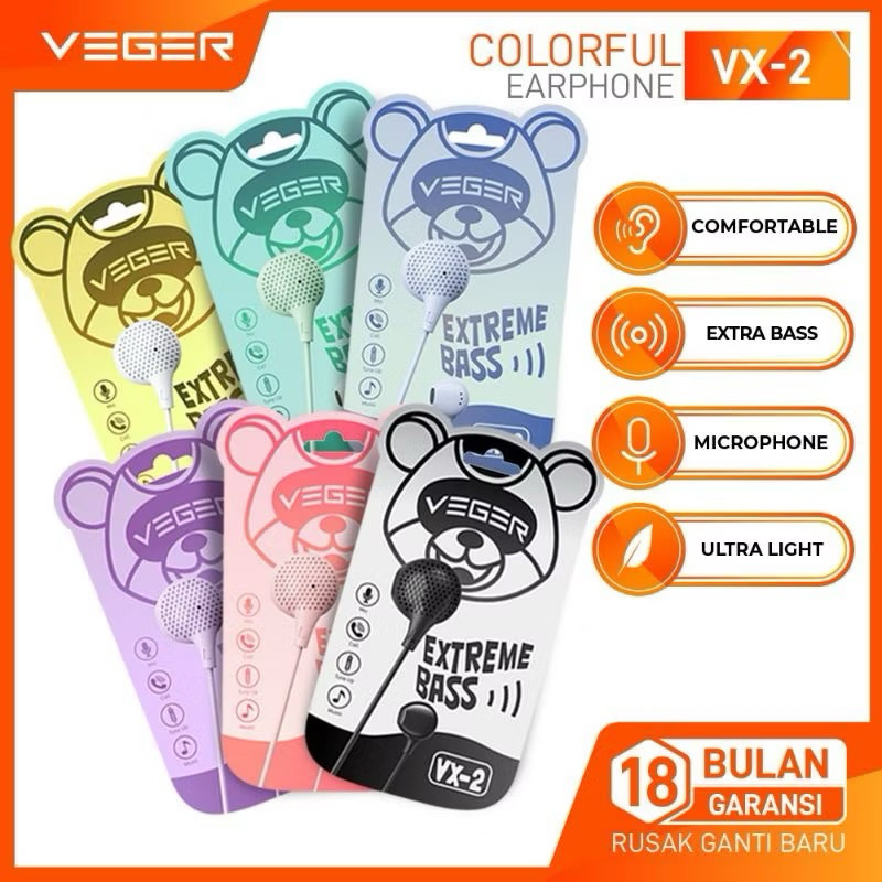 Headset VEGER VX-2 / headset handsfree earphone VEGER VX-2 extra bass with MIC ORIGINAL GARANSI