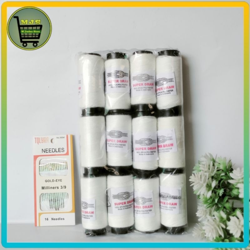 PAKET JARUM JAHIT TANGAN ISI 16 + BENANG HITAM PUTIH SUPER DRAW ISI 12 PCS