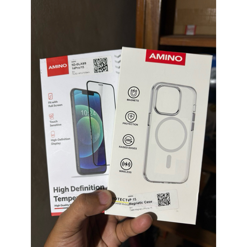 AMINO iPhone 15 case dan tempered glass pelindung layar antigores