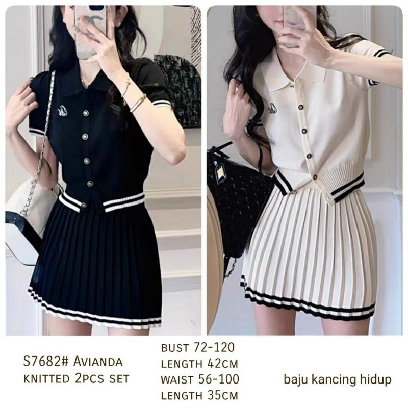 Setelan Rajut Avianda RB-S7682 - Hitam & Cream - Katun, Wanita, Atasan, Linen, Celana, Blazer, Pende