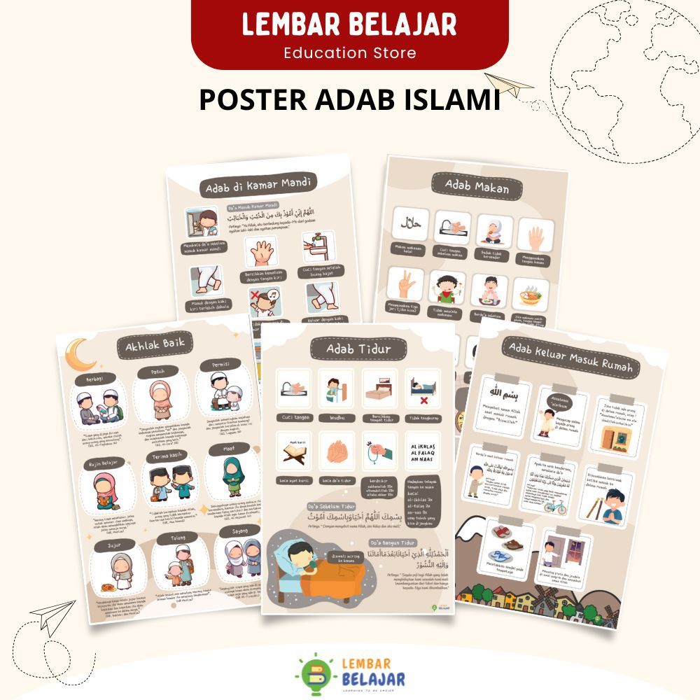 LEMBAR BELAJAR Poster Edukasi Aesthetic Seri Adab Makan Tidur Keluar Masuk Rumah dan Akhlak Baik