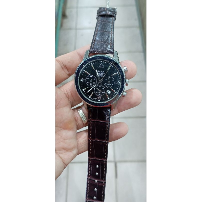 jam tangan pria quartz chronograph Alba strap kulit