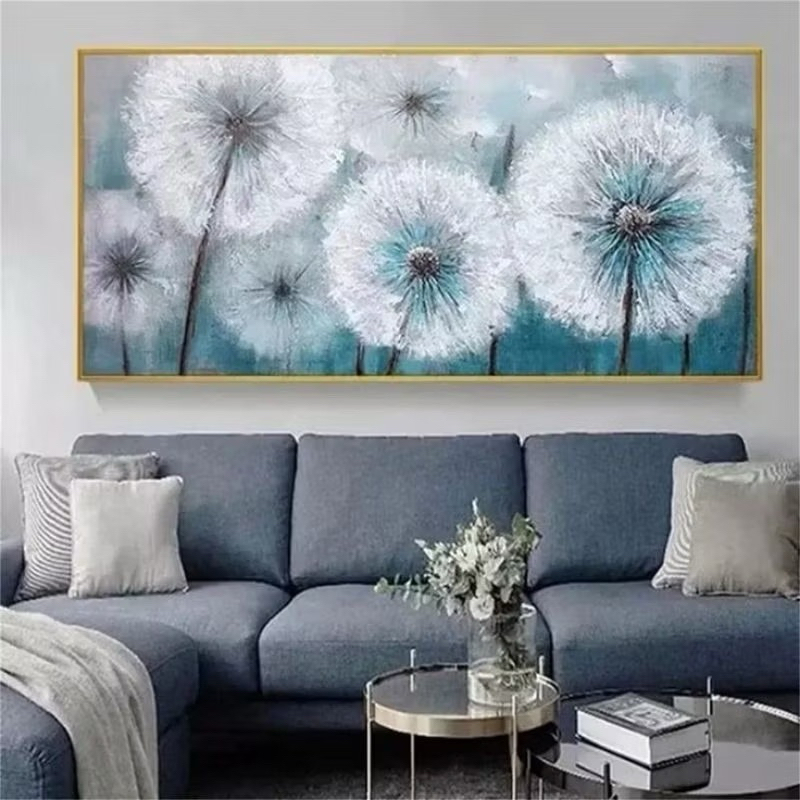 Lukisan Dinding Bunga Dandelion Putih Biru Tekstur Tebal Modern art Aesthetic Hiasan Dinding Ruang T