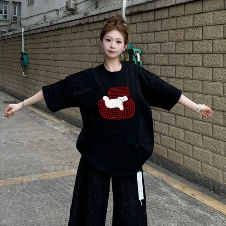 Kaos Wanita Lengan Pendek 2025 - Sablon Kucing Kartun Lucu, Bahan Katun Adem Premium Gaya Korea [Ove