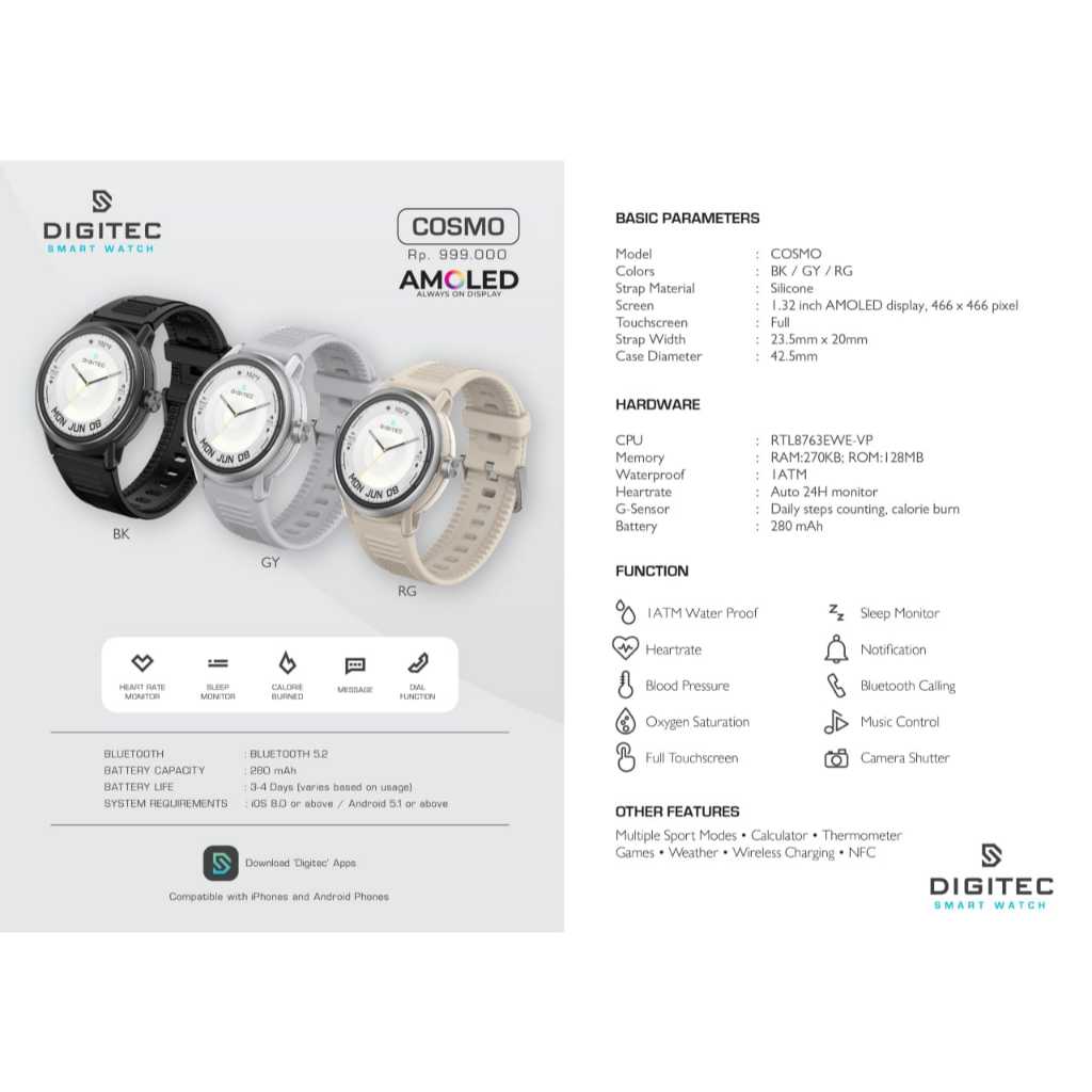 JAM TANGAN DIGITEC SMARTWATCH COSMO / DIGITEC COSMO ORIGINAL SMARTWATCH PINTAR