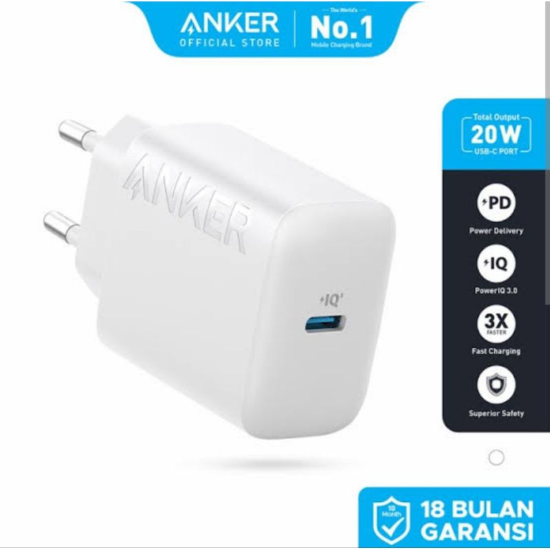 Adaptor Wall charger kepala charger ANKER 20W fast charging output type-c compatible for iPhone dan 