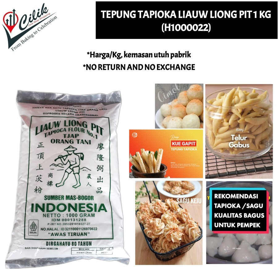 

tepung+bahan+pangan+foodgrade+tapioka+sagu+premium+asli+liauw liong pit+kemasan+1 kg+resep+sagu keju+cookies+kue kering+semprit+telur gabus+pempek+cilok+cireng