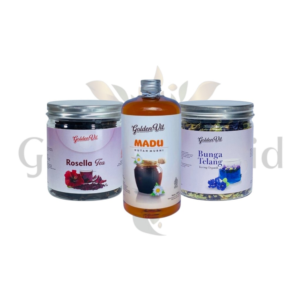 

Goldenvit Paket Hemat 3in1 Teh Bunga Teleng Kering 50g , Rosella 50g , Madu Hutan 500ml