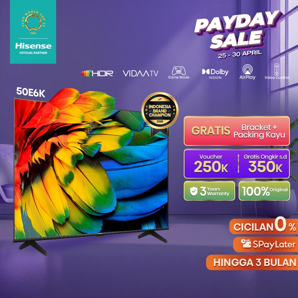 (PACKING KAYU) Hisense 50"  4k Vidaa Smart TV-Bezelless Design-Dolby Audio- Youtube/Netflix/Prime vi
