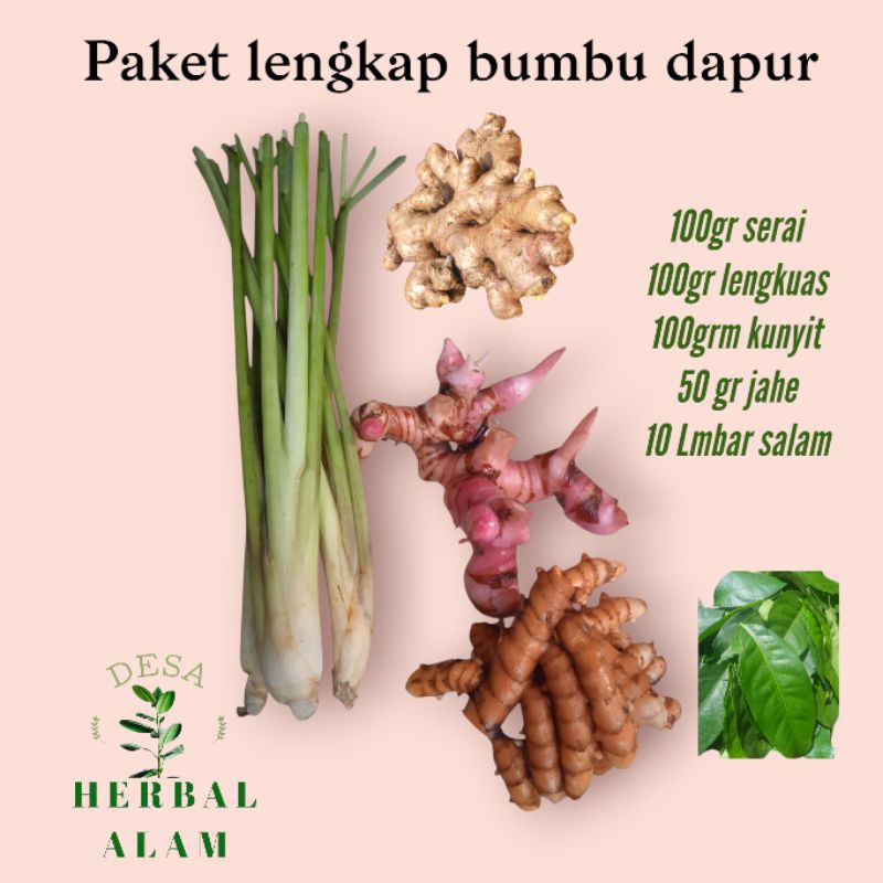 

paket lengkap 5 varian bumbu masakan segar dan organik, jahe, kunyit, lengkuas, serai dan daun salam