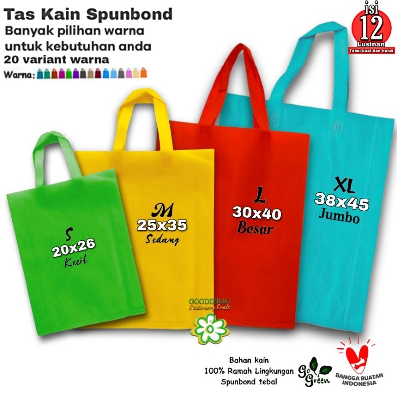 

Lusinan Goodie Bag kantong kain Spunbond Belanja Uk 20x26x8 , 25x35x10 , 30x40x10 , 38x45x12 Totebag