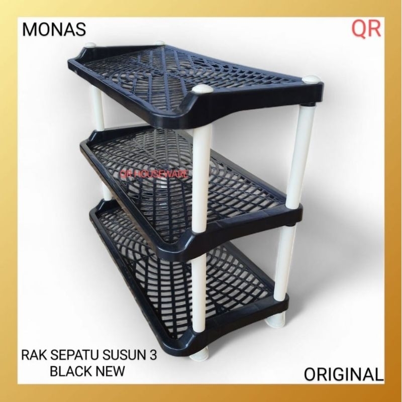 Rak Sepatu / Sandal Plastik Susun 3 - Kuat & Kokoh (Warna Hitam)