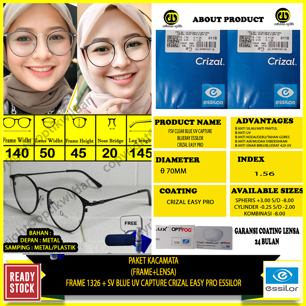 PAKET KACAMATA FRAME 1326+ESSILOR BLUE UV CAPTURE CRIZAL EASY PRO ORIGINAL