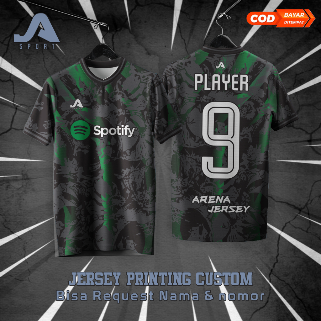 ARENA JERSEY FUTSAL DAN BAJU JERSEY SEPAK BOLA HITAM PRINTING CUSTOM NAMA NOMOR LOGO