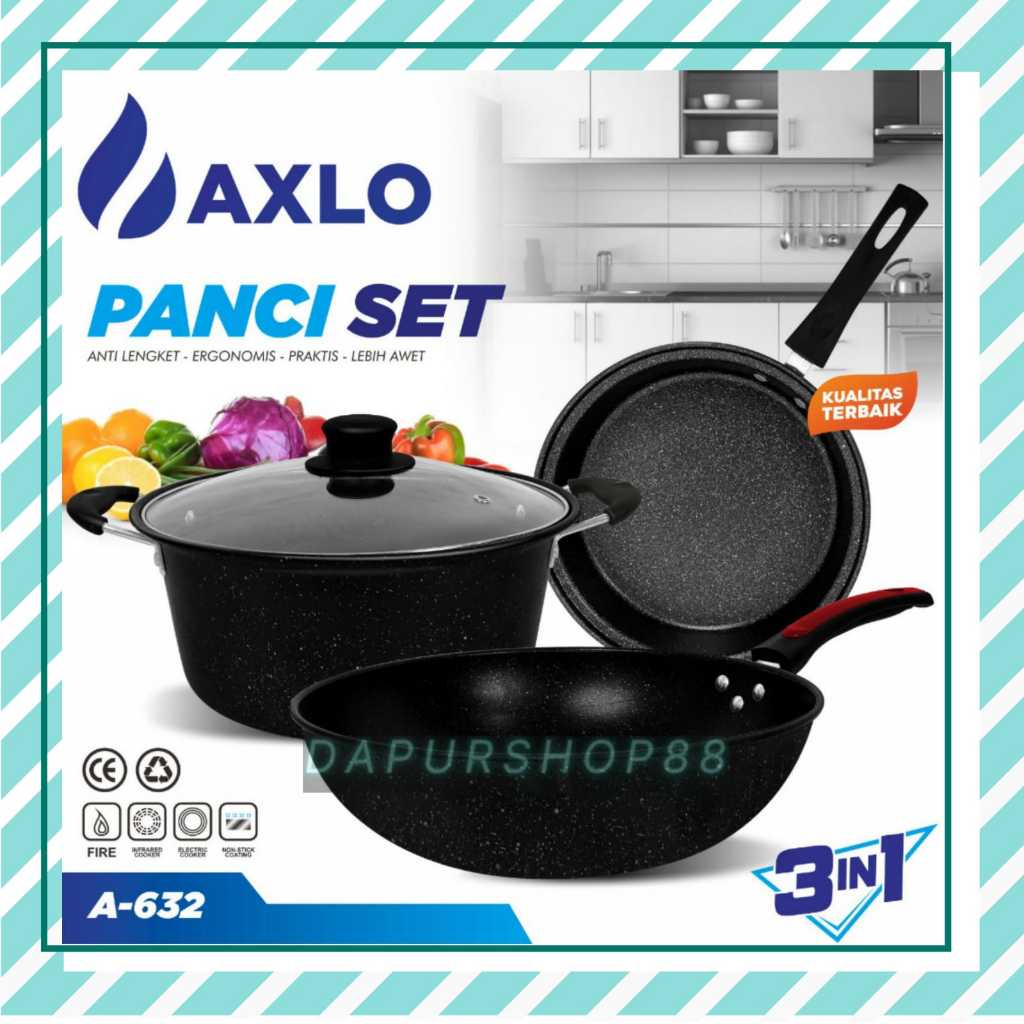 PANCI SET AXLO A-632/ PANCI SET ANTI LENGKET AXLO SERI TEFLON AXLO A-632 /PANCI WAJAN PENGGORENG SET
