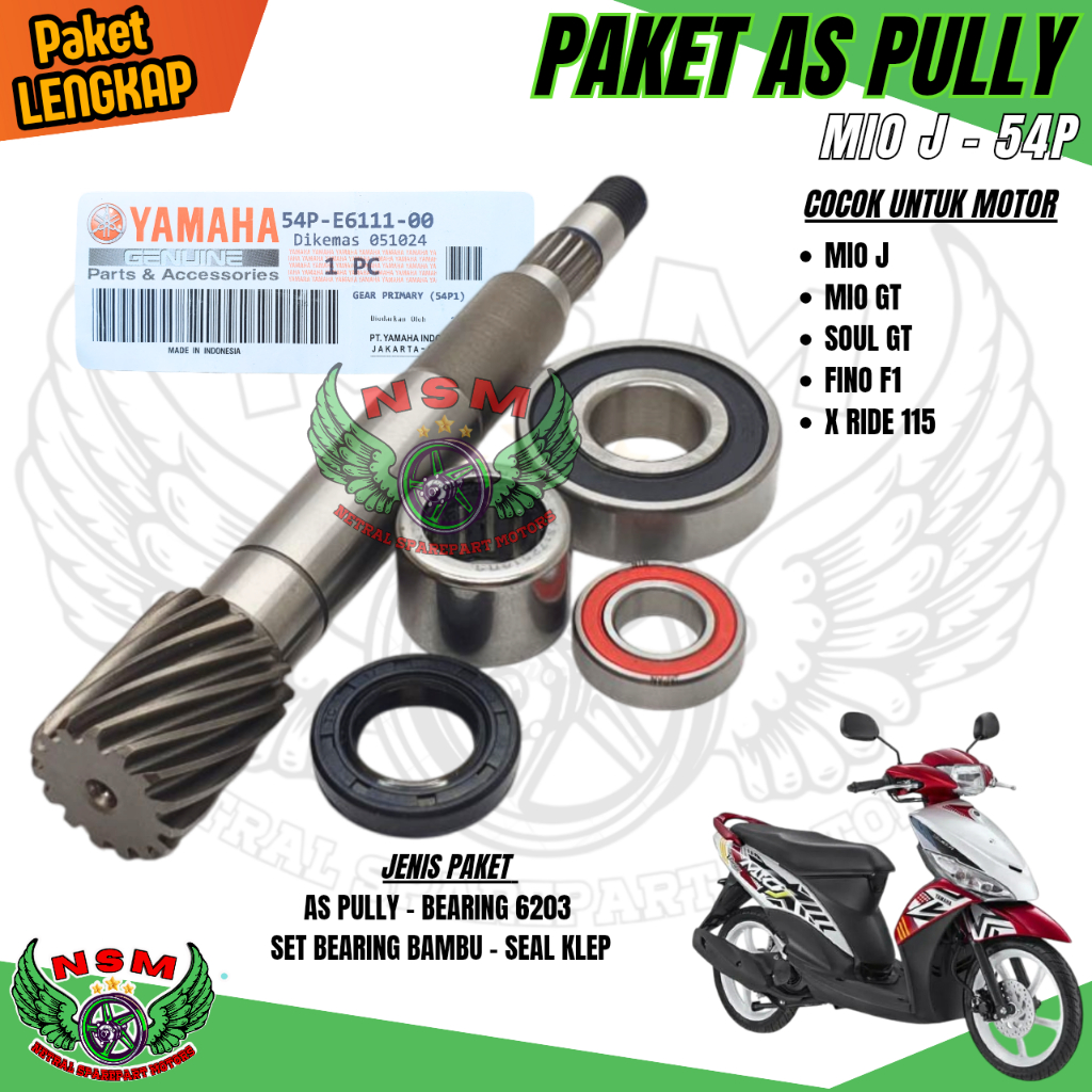 PAKET LENGKAP 4ITEM 54P AS PULLY MIO J + BEARING 6203 + BEARING PULLY + SEAL AS PULLY MIO J SOUL GT 