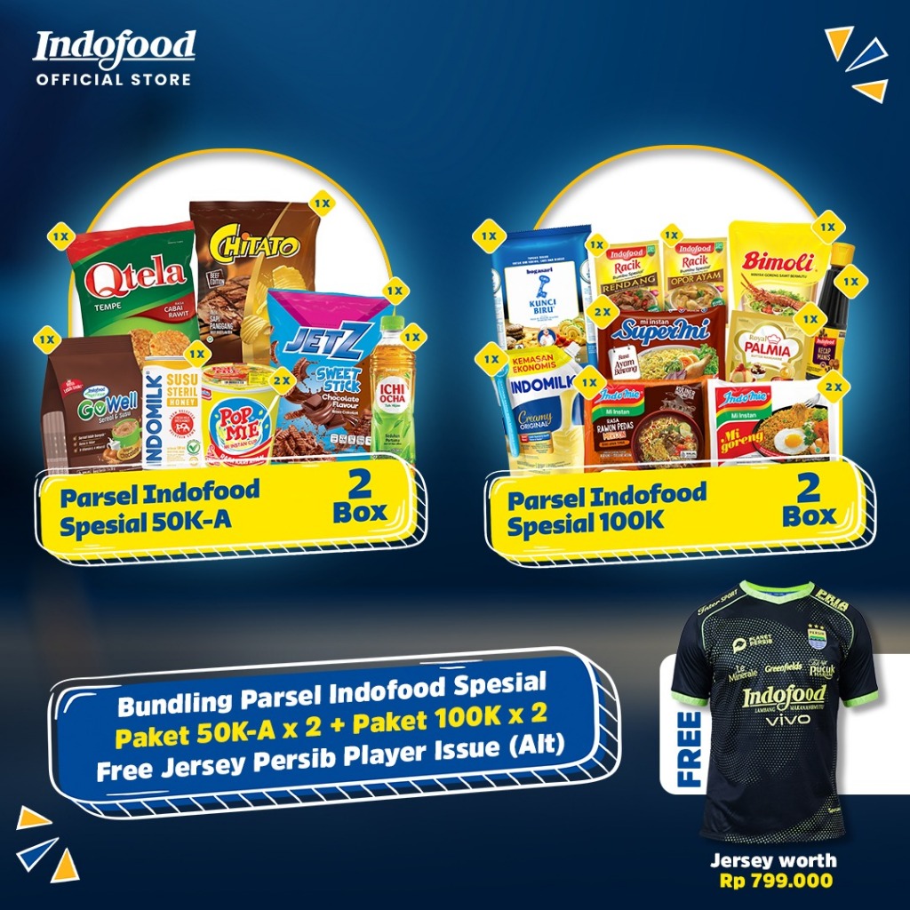 

Bundling Parsel Indofood Spesial Paket 50K-A (2 pcs) + Paket 100K (2 pcs) Free Jersey Persib Player Issue (Alt Size L)