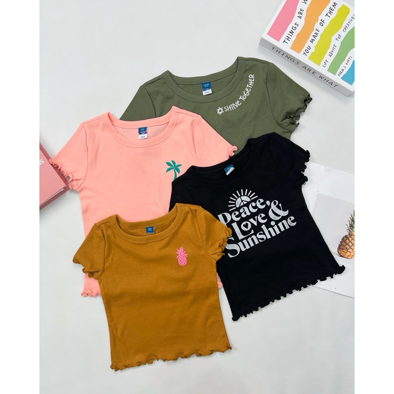 HJR1204 Rib-Knit Lettuce-Edge Graphic Tshirt for Girls