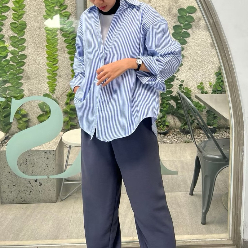 Kemeja Salur Wanita Oversize / Shirt Oversize Salur Wanita / Atasan Kemeja Salur Oversize Wanita Kat