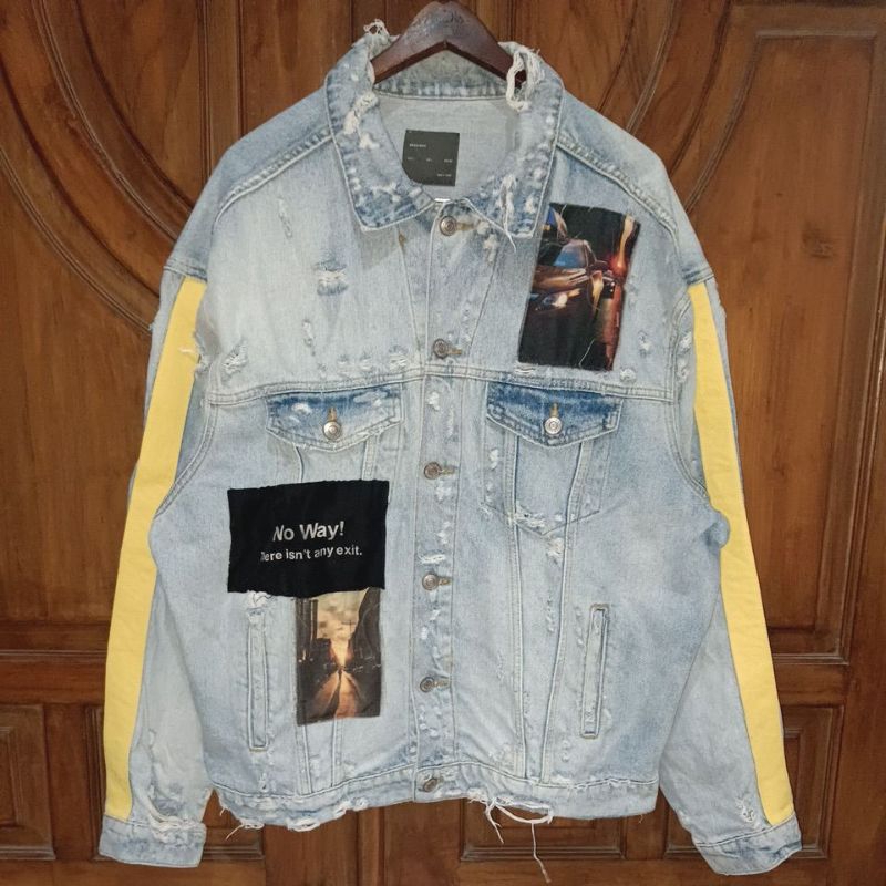 PRELOVED ZARA MAN Jaket Jeans Denim Pria Vintage Snow Blue Ripped Garis Kuning Bigsize LD 106