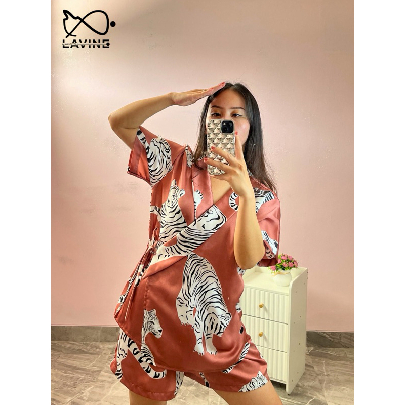 LAVINEYOU Piyama Satin Silk Macan Set||Baju Tidur Wanita| Kimono Wanita