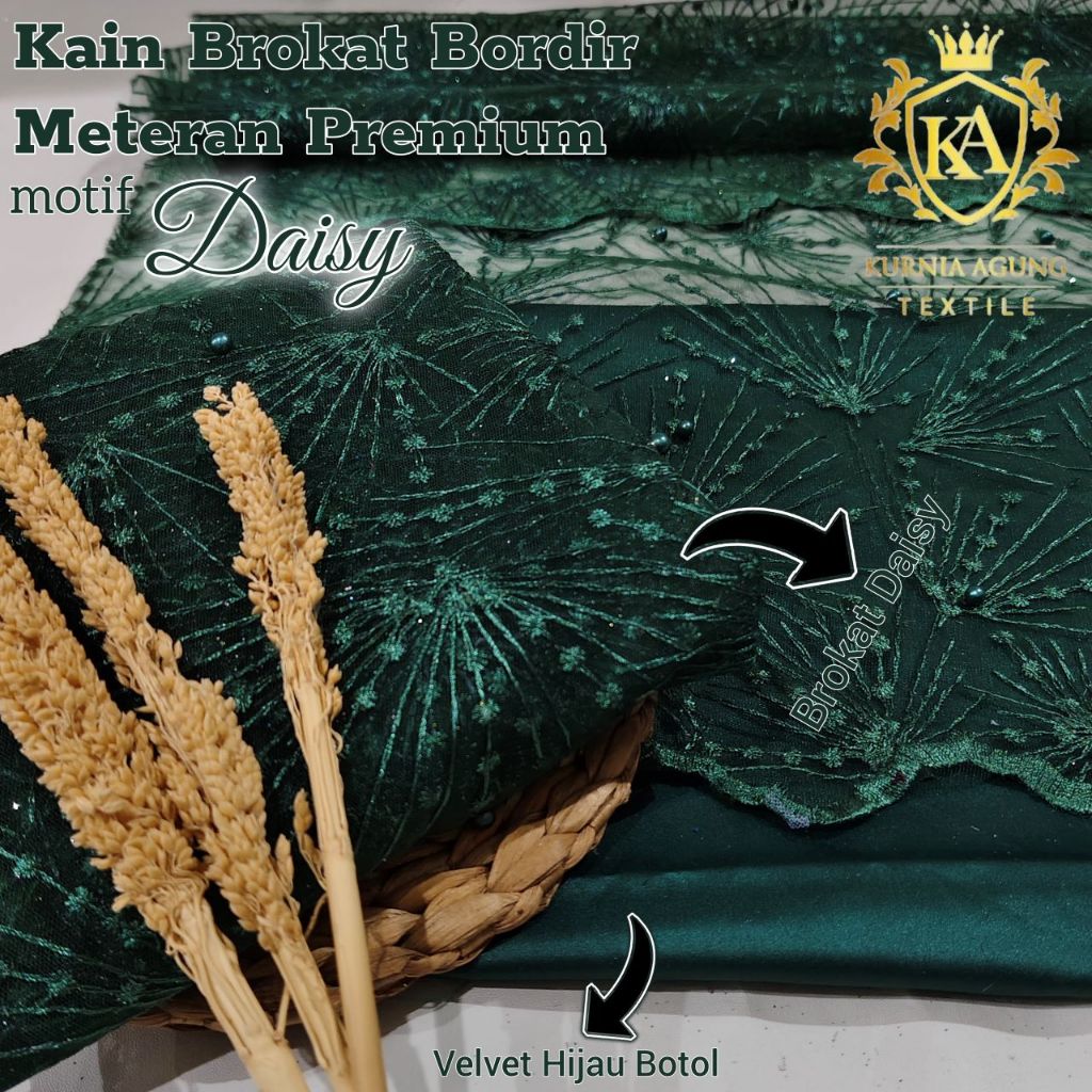 Kain Brokat Bordir Tile Prancis Meteran Motif Bunga Daisy warna HIJAU BOTOL Etnik Sumba Premium