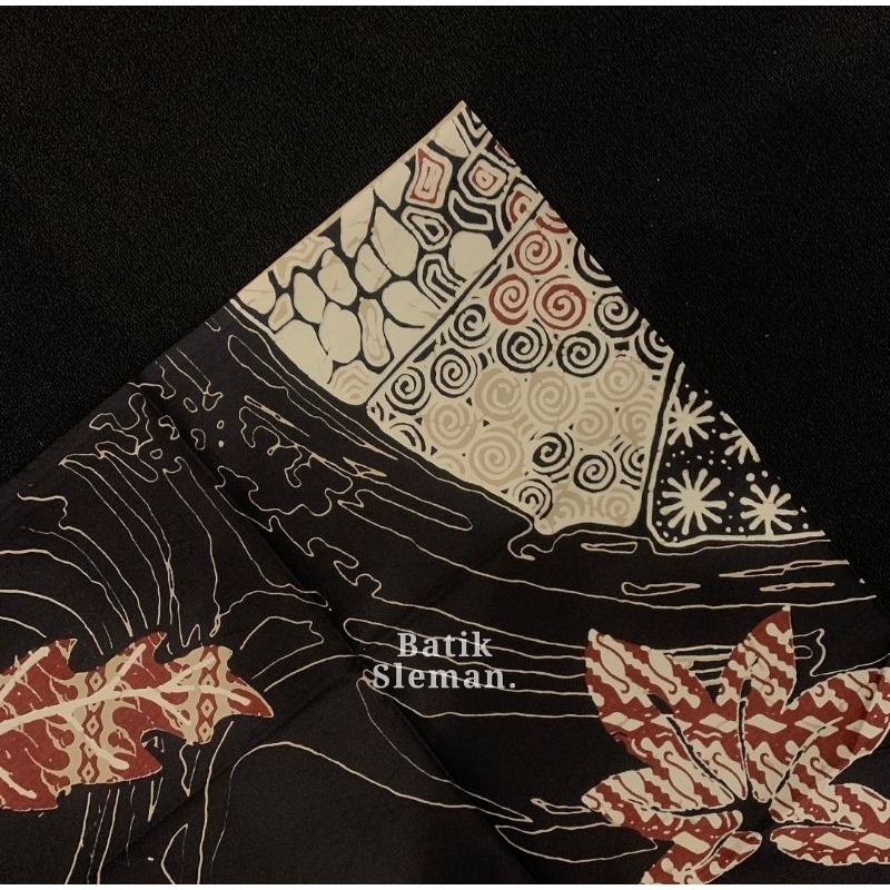 Kain Batik warna merah panjang 2.4m Motif Abstrak Lukis hitam batik cabut