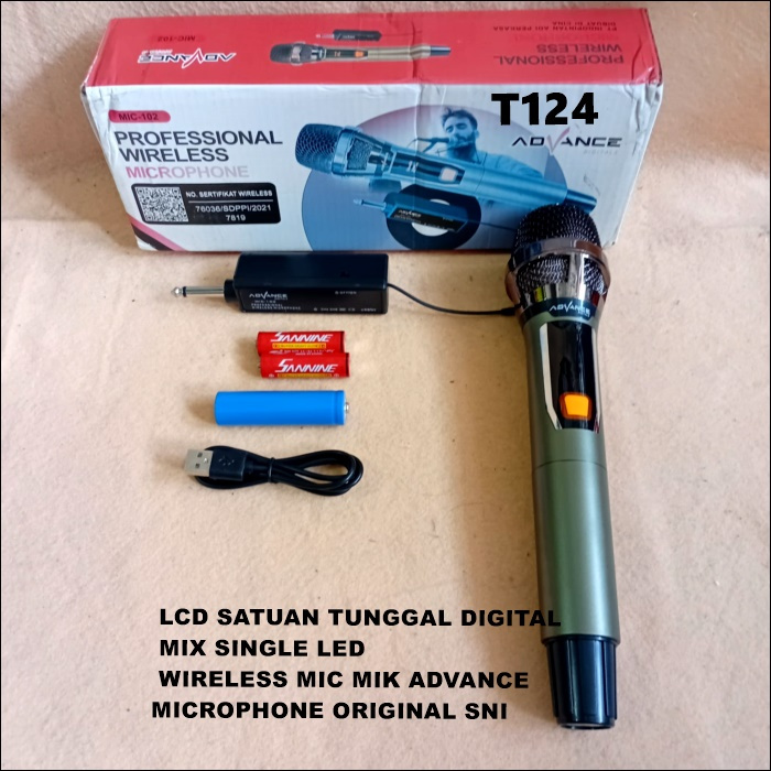 T124 MICROPHONE ORIGINAL SNI WIRELESS MIC MIK ADVANCE MIX SINGLE LED LCD SATUAN TUNGGAL DIGITA