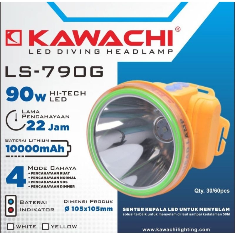 SENTER KEPALA LED KAWACHI LS-790G 90WATT - SUPER TERANG - JARAK JAUH - TAHAN LAMA Cahaya Putih/Kunin
