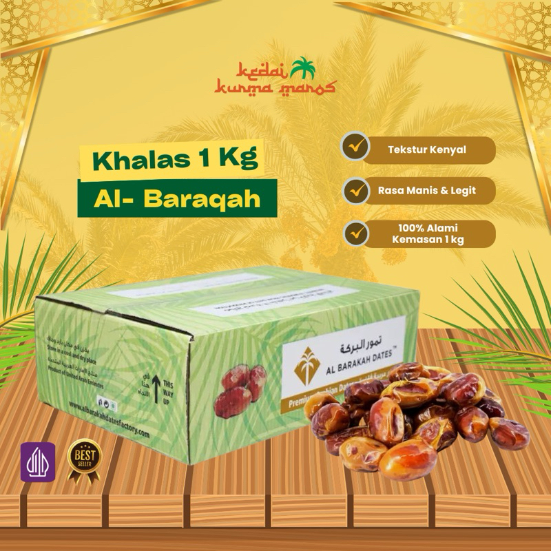 

Kurma Khalas Al-Baraqah kemasan 1kg Manis Tebal Makanan khas Arab Oleh Umroh & Haji Natural Dates