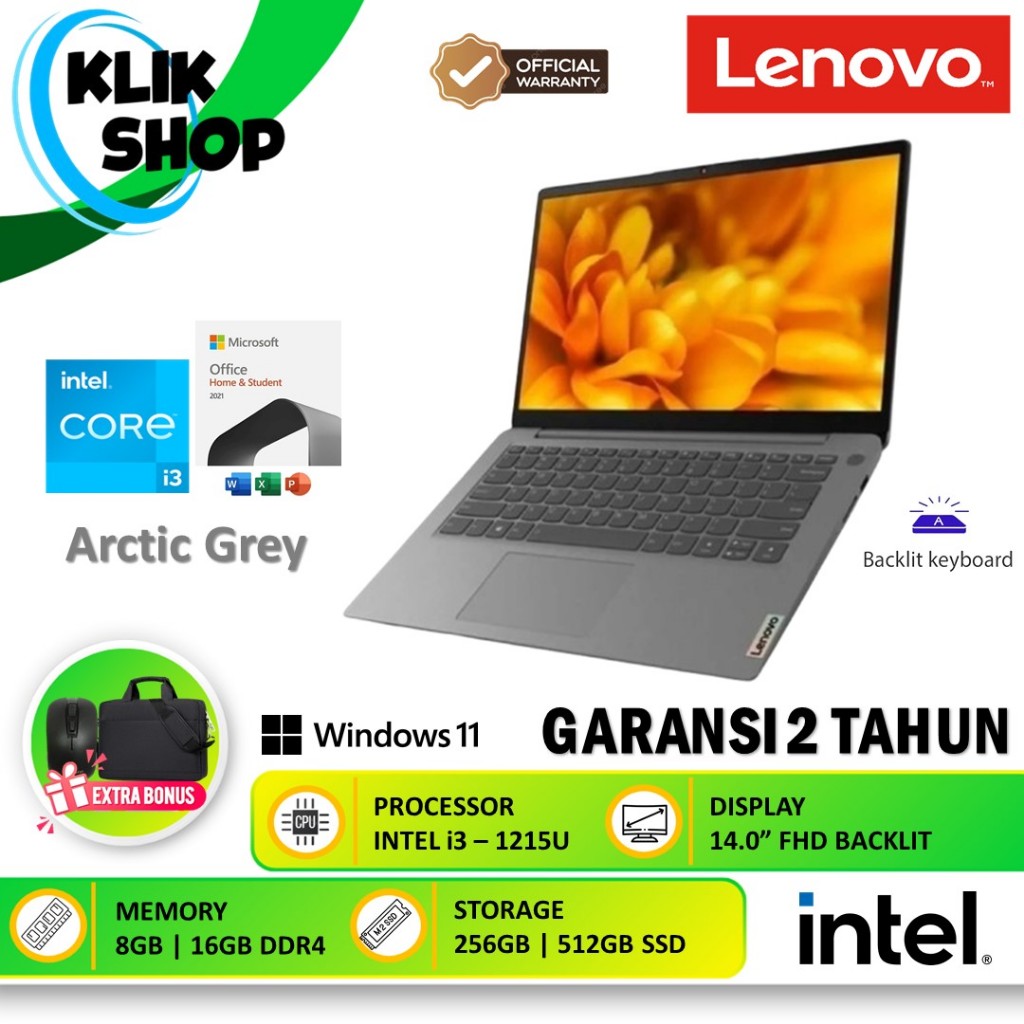 Laptop Lenovo Slim 3i 14 Core i3 1215U 16GB SSD 512GB FHD Windows 11 Original Baru