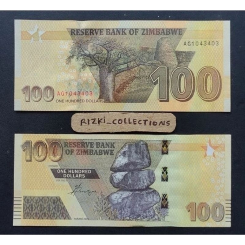 Uang Kuno Kertas Asing Zimbabwe 100 Dollars