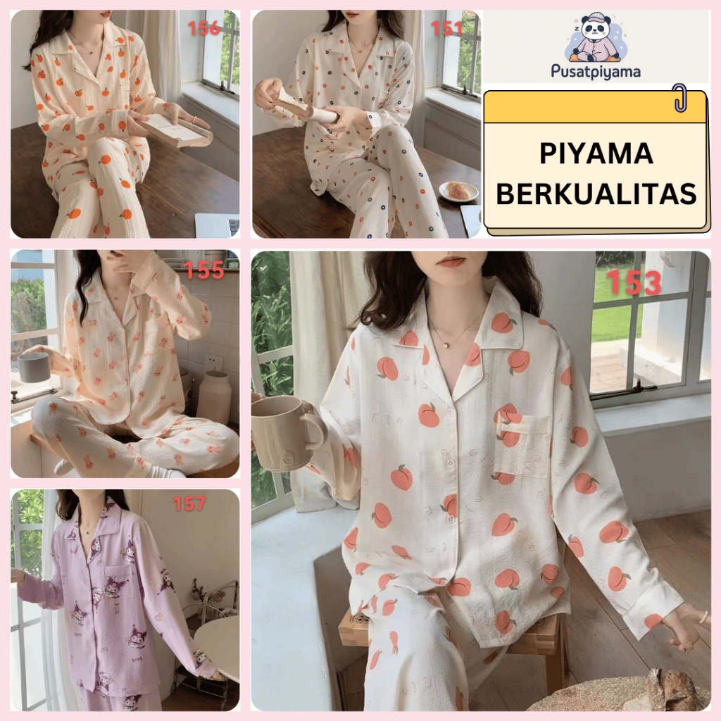Piyama Wanita Set Baju Tidur Model Lengan Panjang Celana Panjang Style Korea Import
