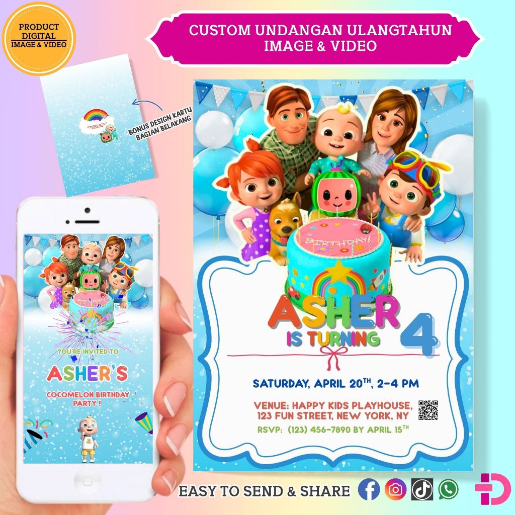 CUSTOM UNDANGAN ULANG TAHUN ANAK DIGITAL, IMAGE DAN VIDEO, TEMA COCOMELON, UNDANGAN ULANG TAHUN ANAK