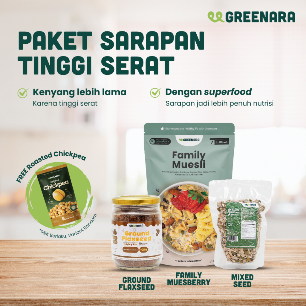 

Bundle Sarapan Berserat Greenara - Family Muesli 500gr, Ground Brown Flaxseed 100gr dan Mixed Seed 250gr