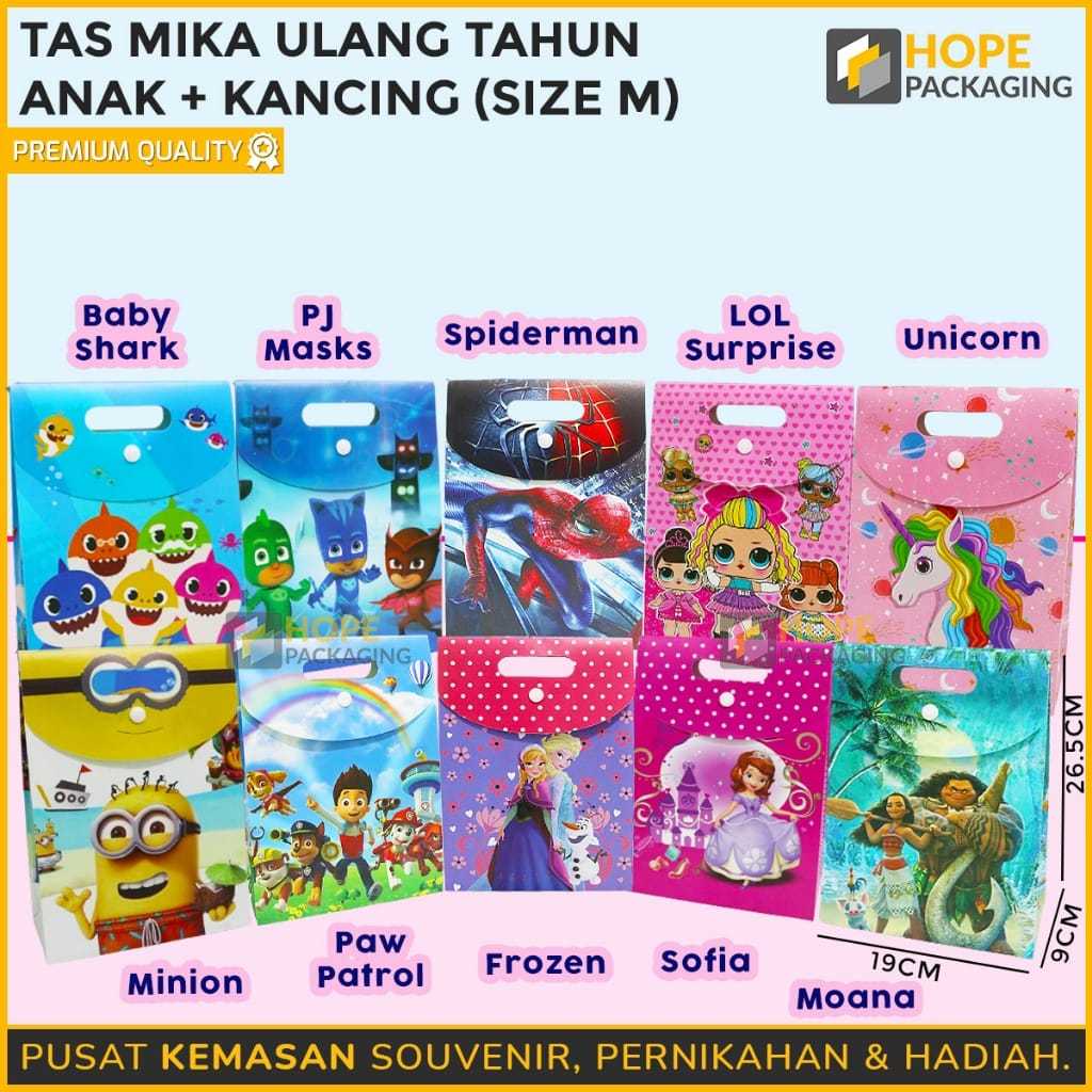 

Paperbag anak anak + Kancing / Tas Mika Ulang Tahun Anak + Kancing / Tas Gift Hampers / Tas Kado Ultah / Tas Bingkisan Snack / Paperbag