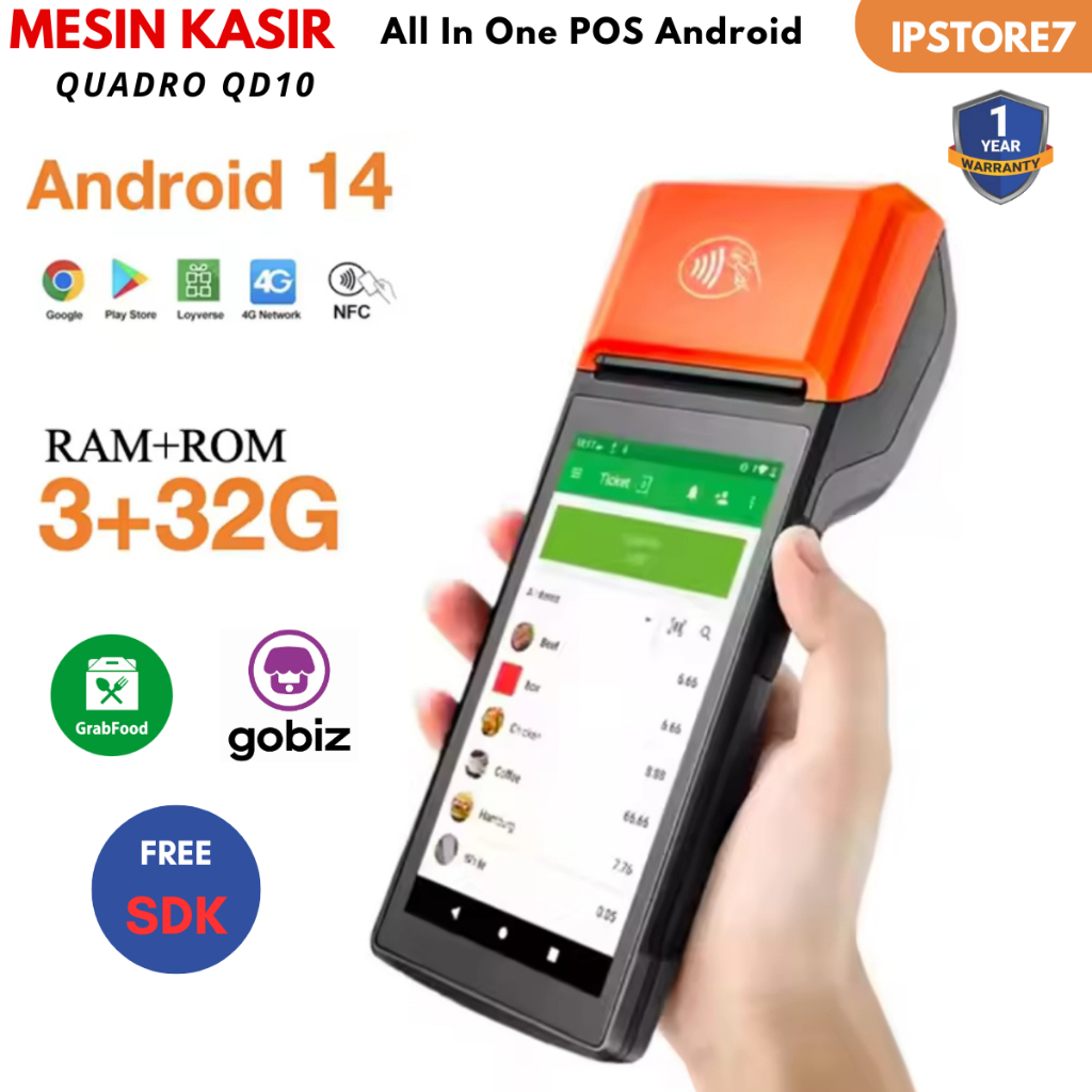 Mesin kasir MPOS Android 14 QUADRO QD-10 PRO 4G RAM  3/32 not Sunmi V2pro Garansi 1 Tahun