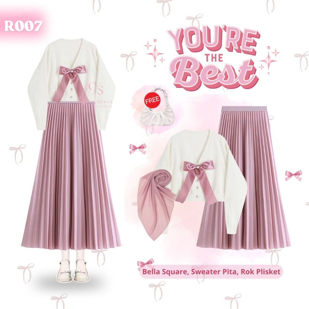 Outfit 1 Set Remaja Kece Berhijab | Bella Square Dusty Pink, Blouse Pita Putih, Rok Plisket Pink | S