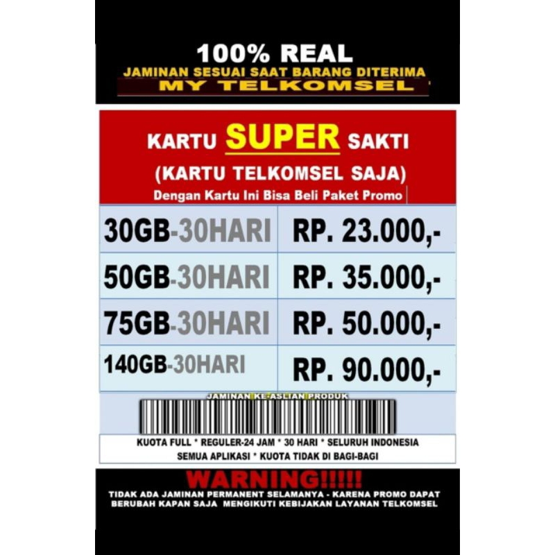 COD SATUAN - Kartu Sakti UNLIMITED Combo Kombo Spesial Telkomsel Internet Murah - UNLIMITED 30GB 50.