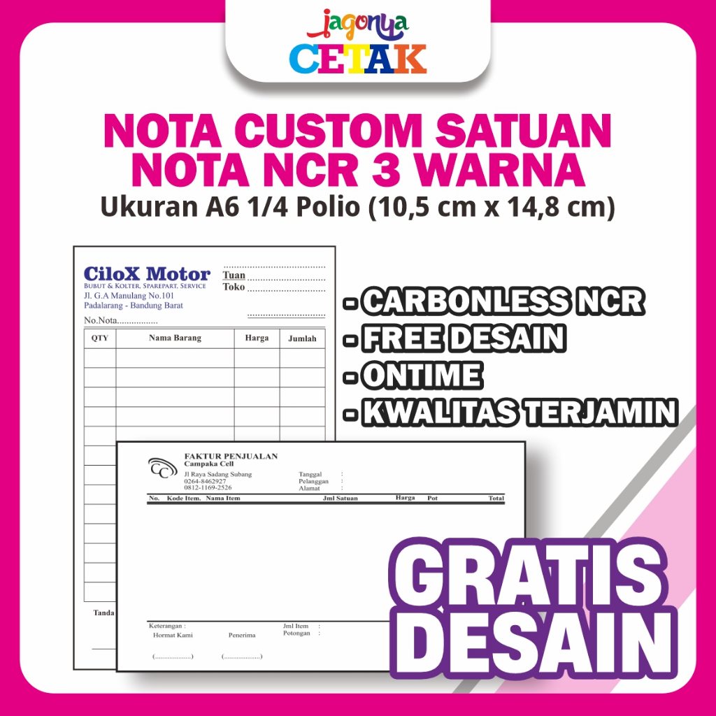 

NOTA CUSTOM SATUAN MURAH _NCR_1PLY_3 WARNA A6