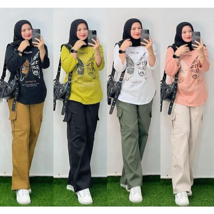 Olf Setelan Chinos Wanita Dewasa, Atasan Combed 24s Celana Chinos Kulot Cargo, Setelan Wanita