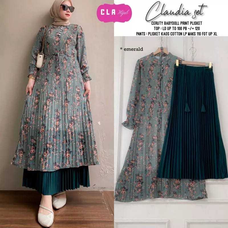 Best Seller OneSet Daily Setelan Long Tunik Dress Terbaru 2in1 Rok Plisket Amitha Viral