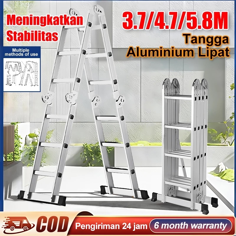 Tangga Aluminium Lipat Empat 3.7M/4.7M/5.8M Teleskopik Tangga Teleskopik Multifungsi Tangga Lipat