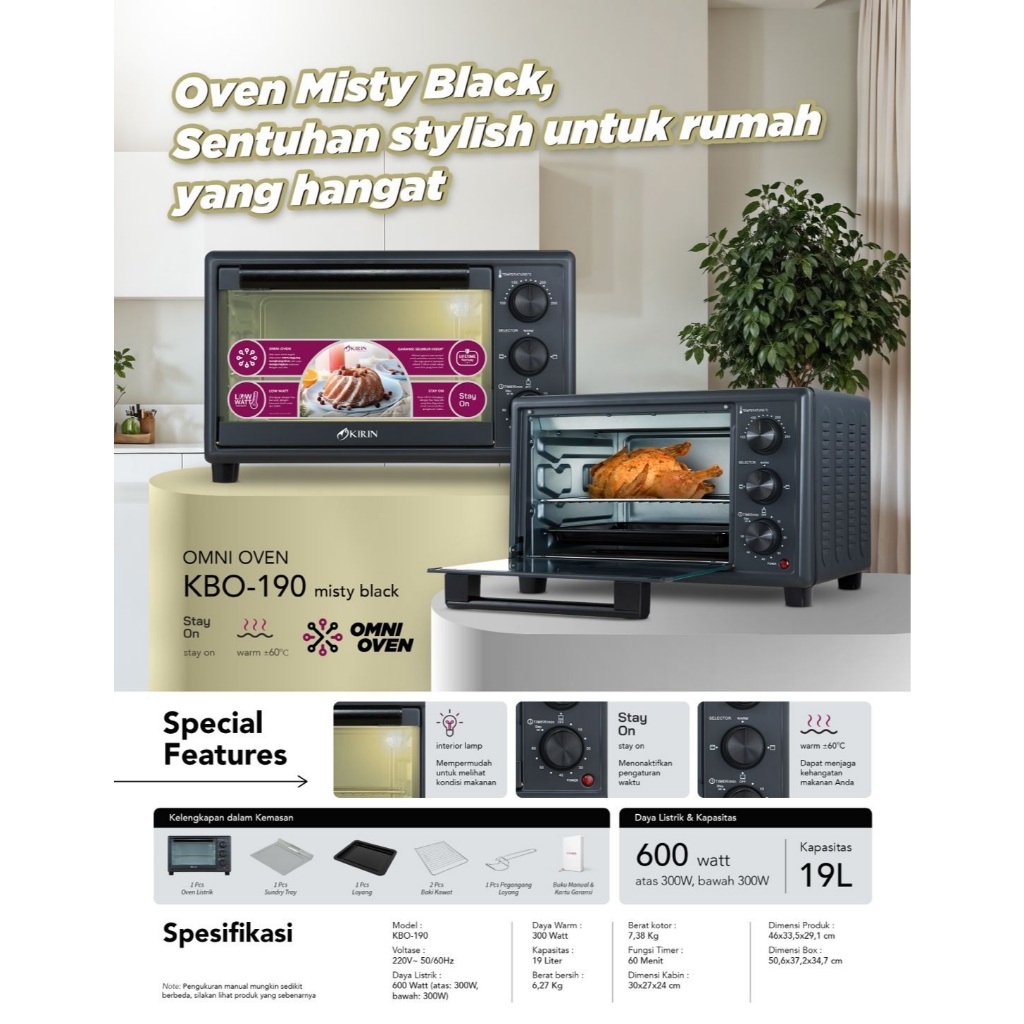 Kirin Oven Listrik Low Watt 19 Liter - Kbo-190