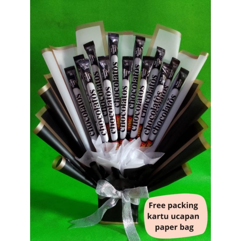 

Buket chocolatos untuk hadiah wisuda, ulang tahun, anniversary FREE packing, kartu ucapan paperbag